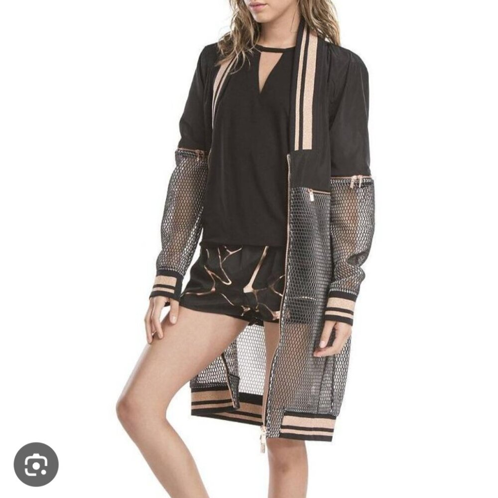 Women's Small Black And Rose Gold Sporty Sheer Varsity Jacket By Lime